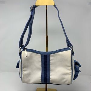 Bath & Body Works Shoulder Bag Canvas White Blue Striped Zip Top